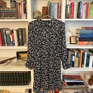 J. Crew Black and White Floral Long Sleeve Dress